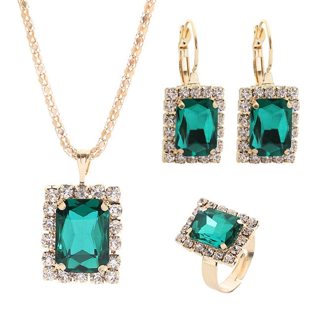 Square Crystal Necklace Earrings Ring For Women Jewelry Sets, Red, Green, Black, White, Royal Blue, Lake Blue
