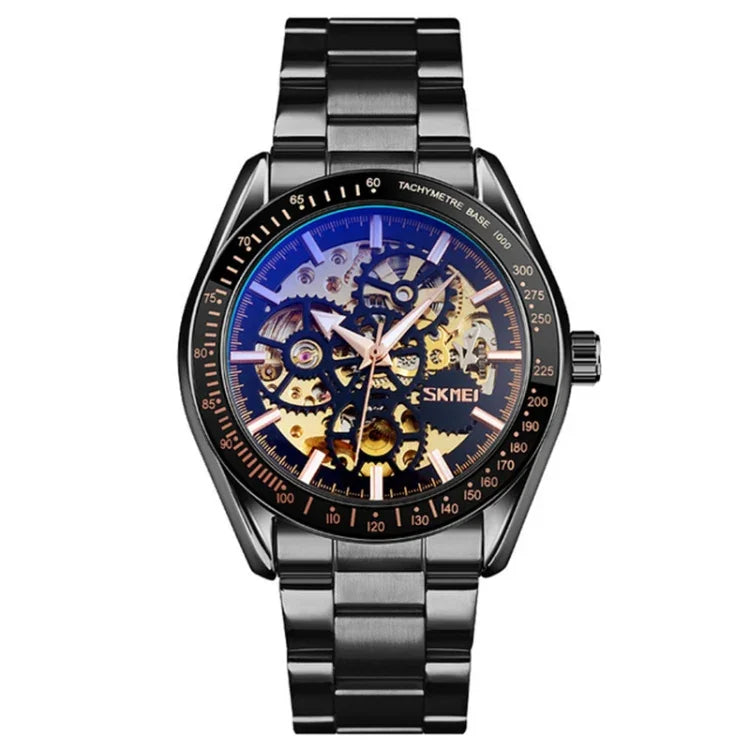 SKMEI 9194 Men Automatic Skeleton Mechanical Steel Band Watch, Black, Silver, Golden Black Face, Rose Gold, Golden Gold Face