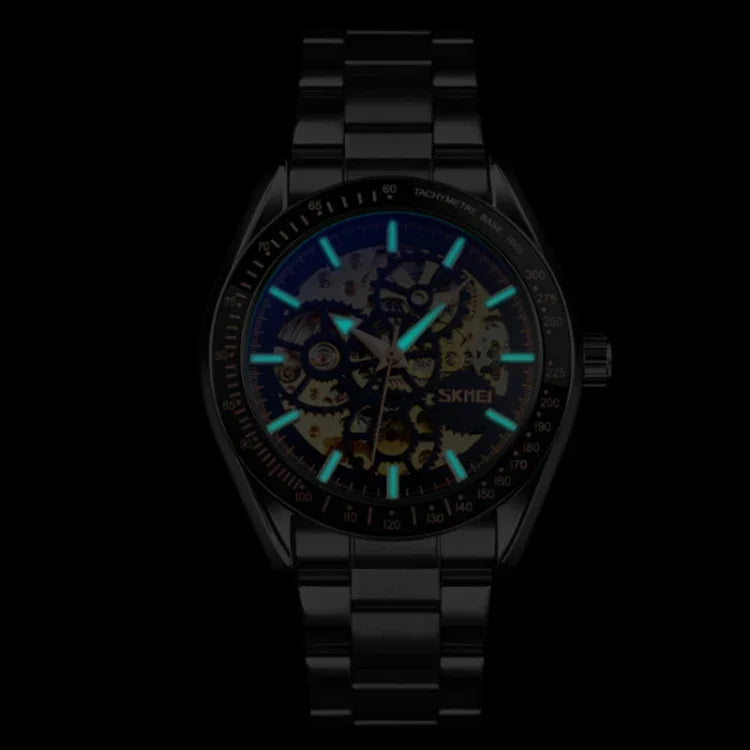SKMEI 9194 Men Automatic Skeleton Mechanical Steel Band Watch, Black, Silver, Golden Black Face, Rose Gold, Golden Gold Face