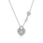 S925 Sterling Silver Platinum Plated Heart Lock Necklace Girls White Inlaid Zircon Key Jewelry, SCN315