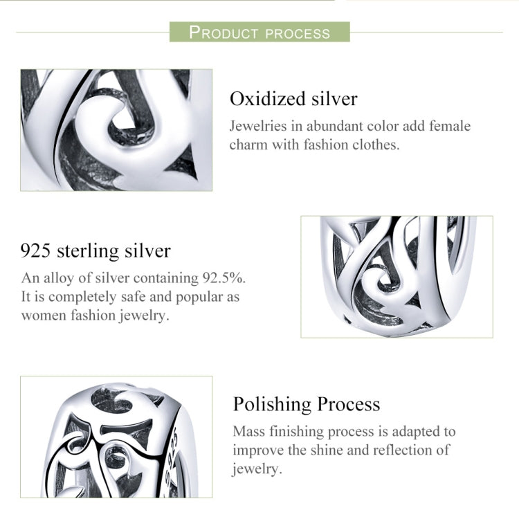 S925 Sterling Silver Vintage Curly Grass Pattern Love Heart-shaped Beads, SCC716