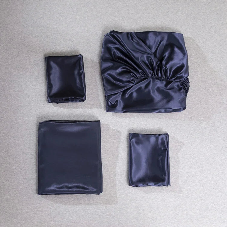 Home Ice Silk Simulation Silk Four-Piece Pillowcase Flat Sheet Fitted Sheet Set, US-Full/UK-D:138x190x35cm, US-Queen/UK-K:153x203x35cm, US-King:198x203x35cm, UK-SK:180x200x35cm, US-King: 198x203x35cm