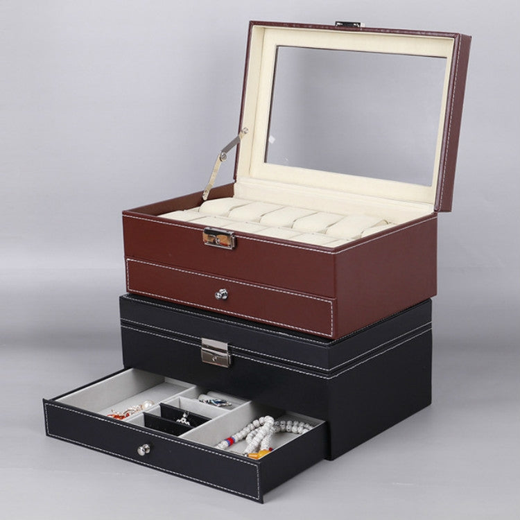 PU Leather 12-bit Watch Box Double-layer Jewelry Box Storage Display Box, PU Leather Brown