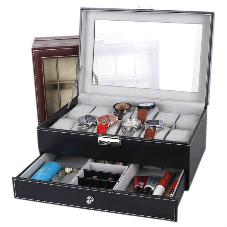 PU Leather 12-bit Watch Box Double-layer Jewelry Box Storage Display Box, PU Leather Brown