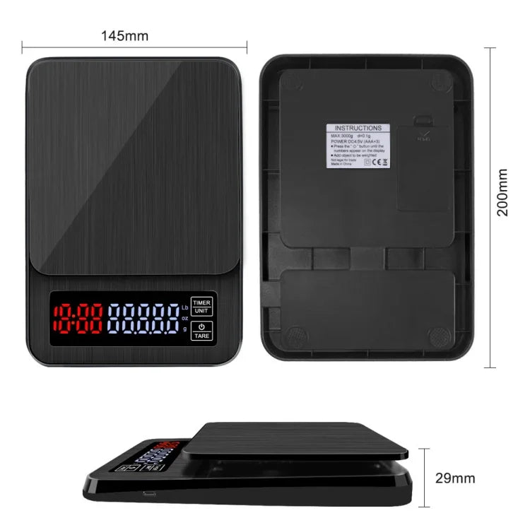 Household Hand-Pushed Coffee Scale USB-Powered Smart Kitchen Scale With Timing, 3kg/0.1g, 5kg/0.1g, 10kg/1g