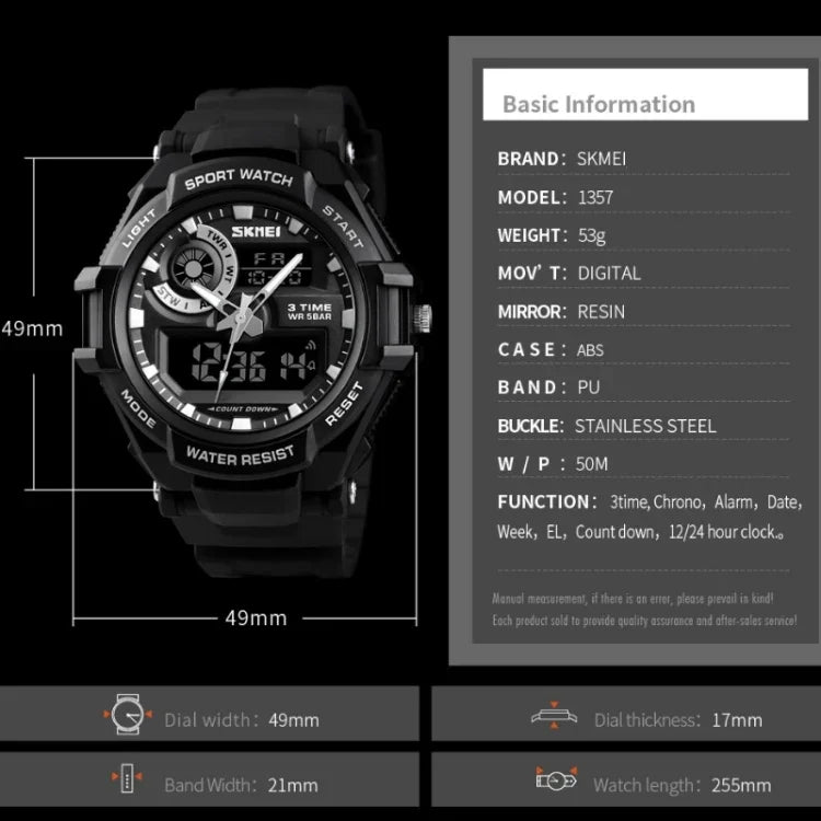 SKMEI 1357 Mens Multifunctional Sports Digital Watch Student Waterproof Watch, Red, Blue, Black