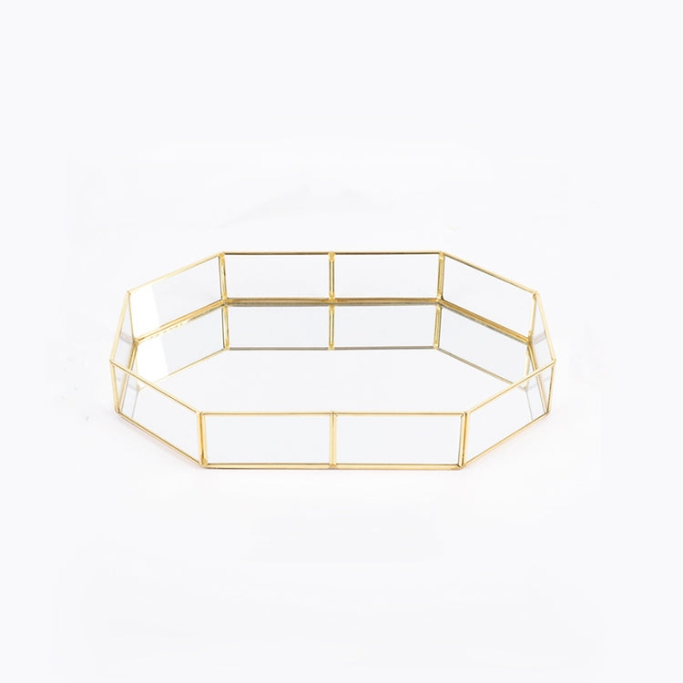 Glass Storage Tray Golden Retro Polygon Mirror Tray Brass Desktop Cosmetics Storage Tray, Polygon Small, Octagonal Plate, Beauty Brush Bucket