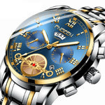 FNGEEN 4001 Men Non-Mechanical Watch Multi-Function Quartz Watch, Black Steel White Surface Gold Nails, Brown Leather Gold Black Surface