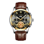 FNGEEN 4001 Men Non-Mechanical Watch Multi-Function Quartz Watch, Black Steel White Surface Gold Nails, Brown Leather Gold Black Surface