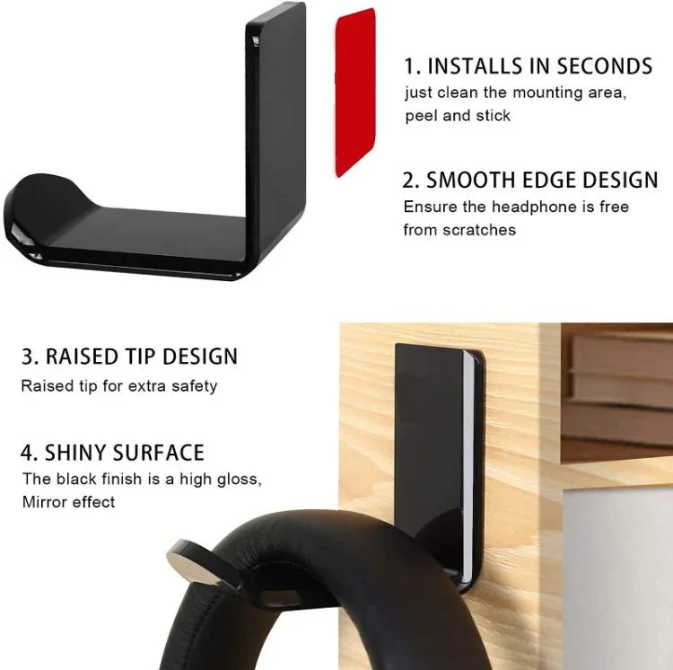 2 PCS Headphone Bracket Sticky Headset Hanger, Black, White
