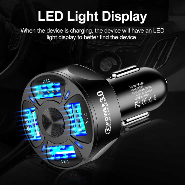 BK-358 3A QC3.0 4USB Car Charger One For Four Mobile Phone Car Charger, Black, White