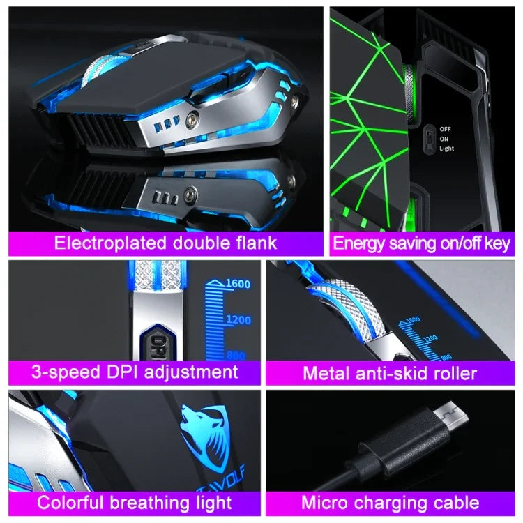 T-WOLF Q15 6-Buttons 1600 DPI Wireless Rechargeable Mute Office Gaming Mouse with 7 Color Breathing Light, Technology Black, Stars Black, Pearl White