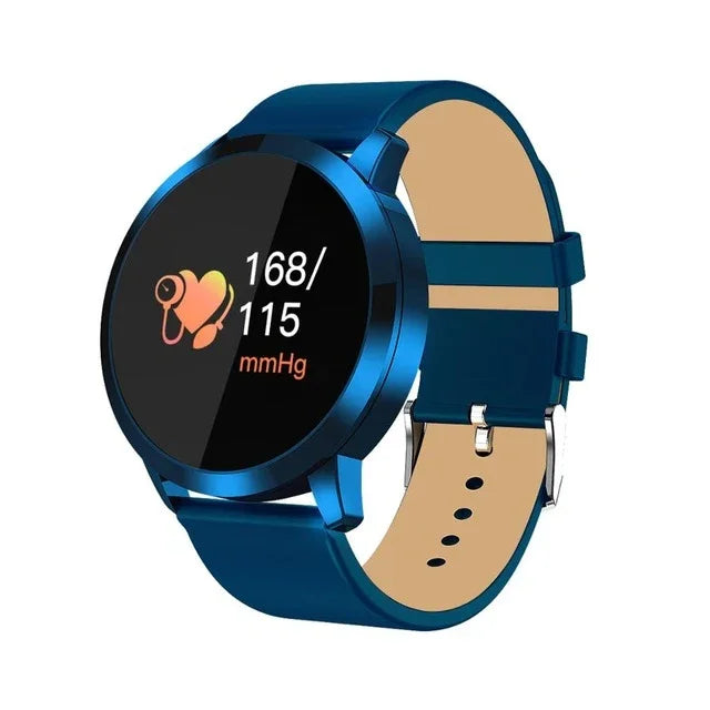 Q8 OLED Color Screen IP67 waterproof smart watch displaying heart rate and blood pressure measurements.