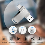 USB 3.0 + 8 Pin + USB-C / Type-C 3 in 1 Phone Computer Metal Rotatable U-Disk, 32GB, 16 GB, 64GB
