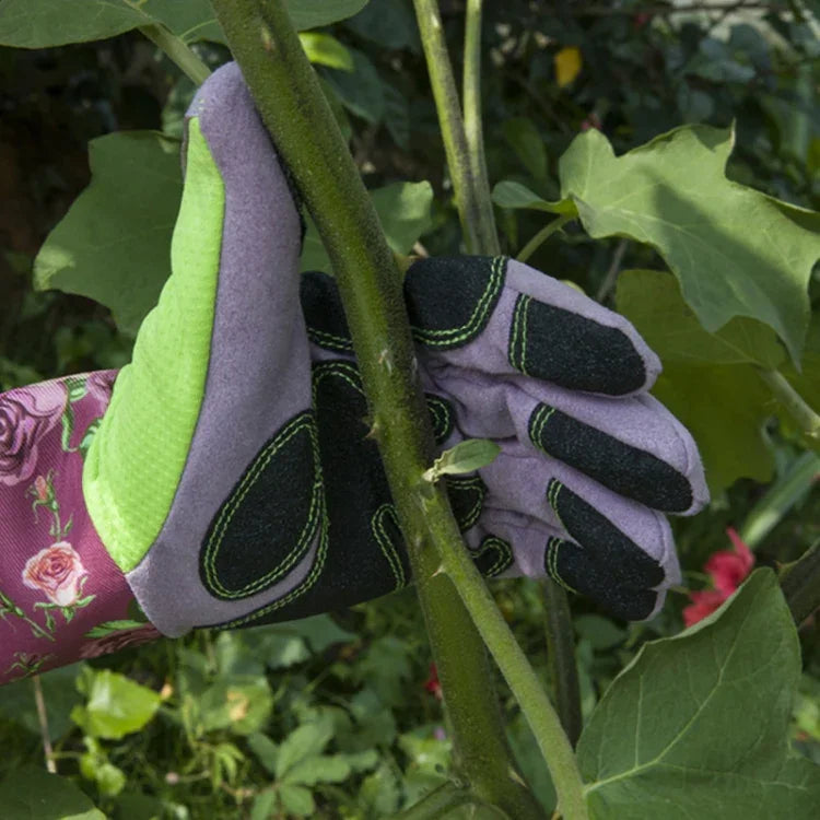 Gardening Stab Resistant Print Sleeve Wrist Extended Gloves, Green, Pink