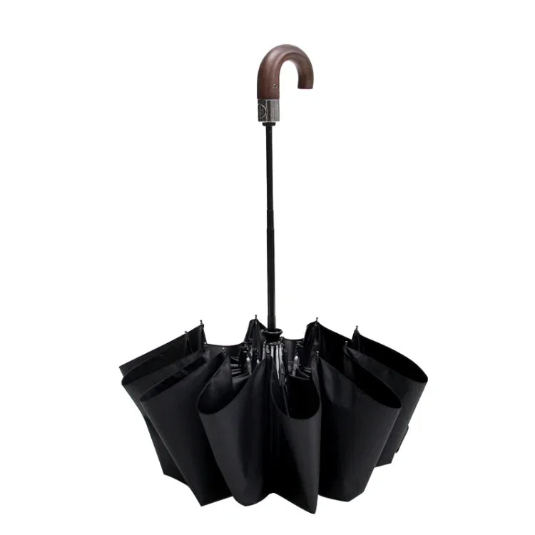 PARACHASE Solid Wood Bending Handle 10 Bone Three Fold Automatic Umbrella, Grey, Black, Navy