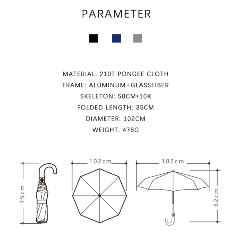 PARACHASE Solid Wood Bending Handle 10 Bone Three Fold Automatic Umbrella, Grey, Black, Navy