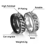 2 PCS Men Stainless Steel Embossed Turnable Chain Rings, Black, Steel Color, Black Steel Color, Dark Blue
