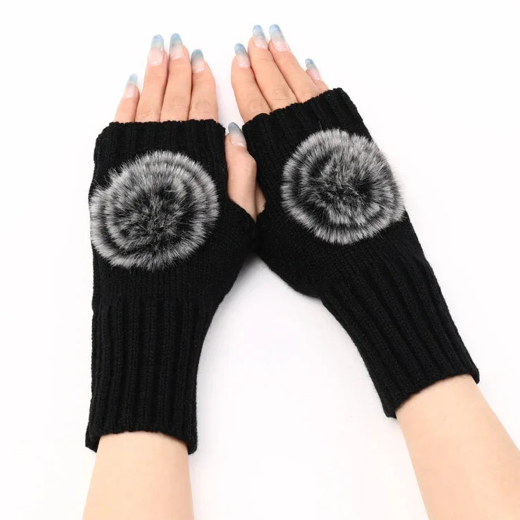 Autumn And Winter Women Fingerless Fur Ball Gloves Knitted Wool Warm Sleeves, Black, White, Dark Gray, Light Grey, Coffee, Wine Red, Khaki, Cream Color