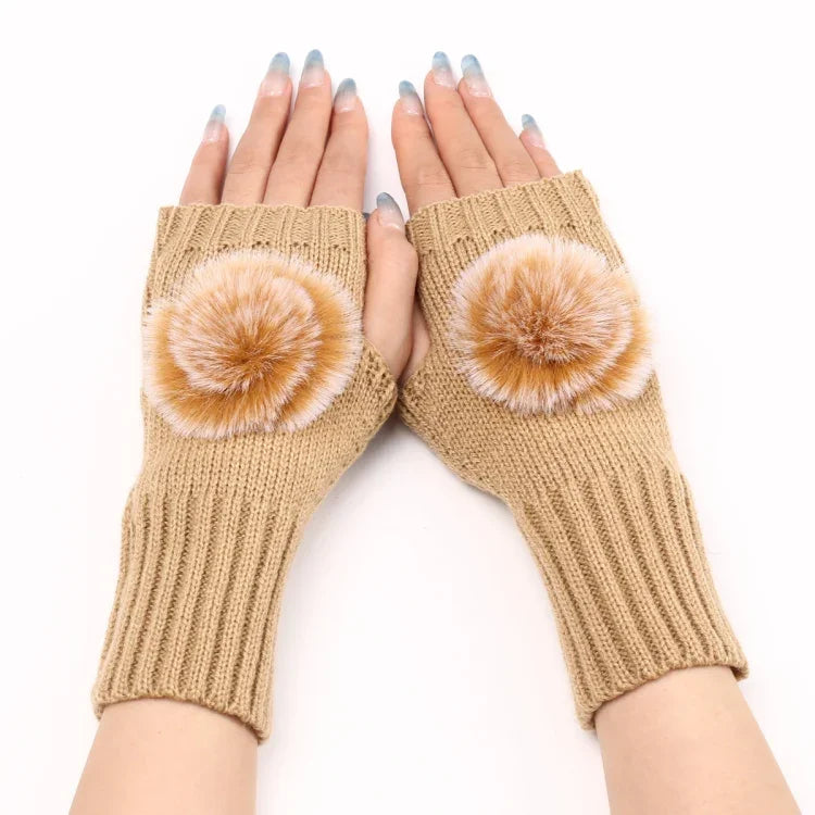 Autumn And Winter Women Fingerless Fur Ball Gloves Knitted Wool Warm Sleeves, Black, White, Dark Gray, Light Grey, Coffee, Wine Red, Khaki, Cream Color