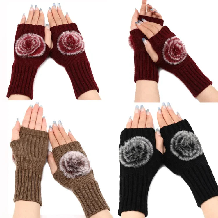Autumn And Winter Women Fingerless Fur Ball Gloves Knitted Wool Warm Sleeves, Black, White, Dark Gray, Light Grey, Coffee, Wine Red, Khaki, Cream Color