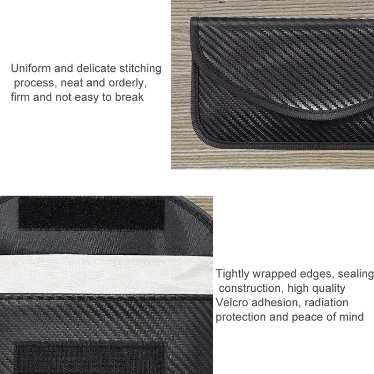 Detailed view of the Carbon Fiber Signal Shielding Bag highlighting stitching and sealing features for RFID anti-radiation phone bag.