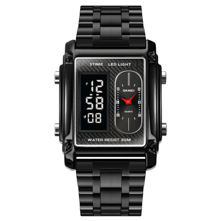 SKMEI 1868 Square Double Display Waterproof Men Watch, Style:, Steel Belt (Black), Leather Belt (Black), Steel Belt (Rose Gold), Leather Belt (Rose Gold), Steel Belt (Gold), Leather Belt (Gold), Steel Belt (Silver), Leather Belt (Silver)