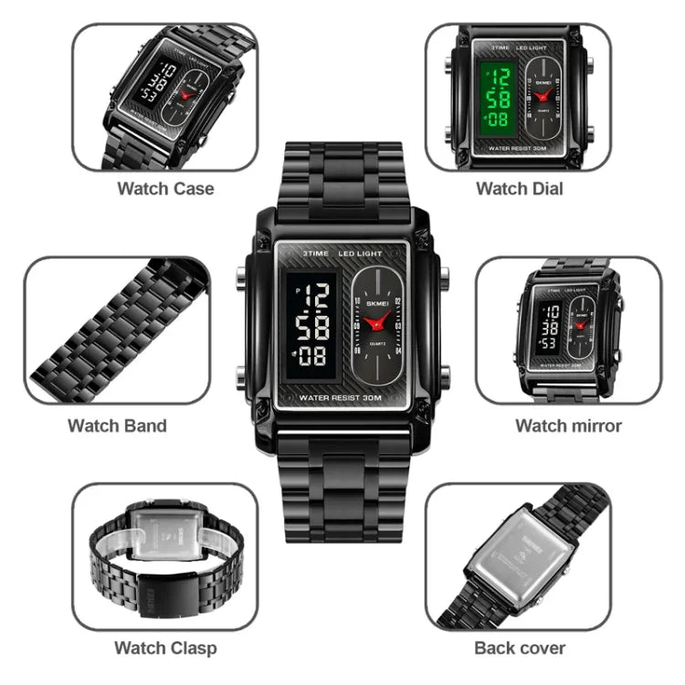 SKMEI 1868 Square Double Display Waterproof Men Watch, Style:, Steel Belt (Black), Leather Belt (Black), Steel Belt (Rose Gold), Leather Belt (Rose Gold), Steel Belt (Gold), Leather Belt (Gold), Steel Belt (Silver), Leather Belt (Silver)