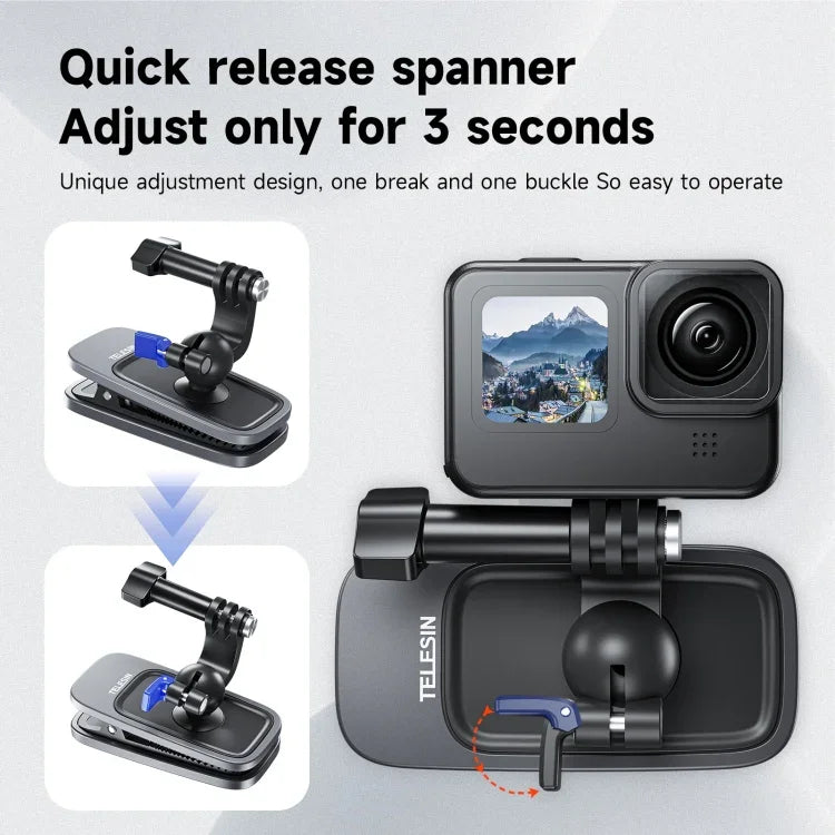 TELESIN 360 Degree Rotation Magnetic Backpack Clip Clamp Mount For Action Camera, TELESIN