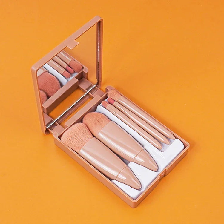 5pcs/Set Medium Portable Makeup Brush Set With Mirror Mini Multifunctional Makeup Brush, Brown, Rose Red, Pink, Fluorescent Green