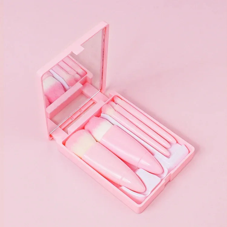 5pcs/Set Medium Portable Makeup Brush Set With Mirror Mini Multifunctional Makeup Brush, Brown, Rose Red, Pink, Fluorescent Green