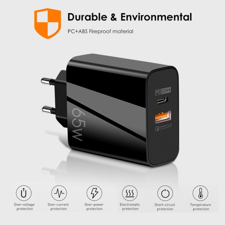 A502 65W USB-C/Type-C+USB Dual Port GaN Charger QC3.0 Laptop Universal Charger, EU Plug Black, EU Plug White, US Plug Black, US Plug White, UK Plug Black, UK Plug White