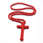 Cross Laser Engraved Wooden Bead Necklace, Red, Black, True Color, Brown