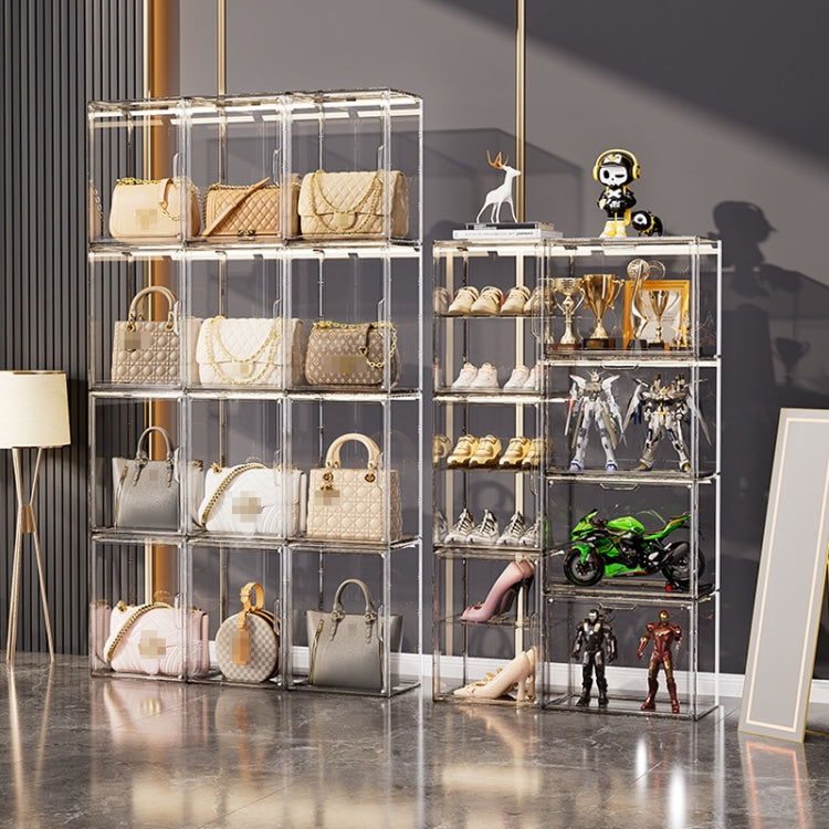 Stackable Transparent Storage Box Magnetic Suction Bookcase Handbag Display Rack, Single Partition, Side Opening