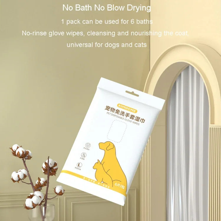 KIMHOME Pet No-Rinse Gloves Wipes Dogs Cats Bathing Deodorizing Cleaning Dry Cleaning Pet Supplies, 6pcs /Pack