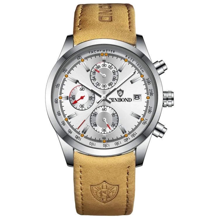 BINBOND B6022 30m Waterproof Luminous Multifunctional Quartz Watch, Leather-White Steel-Blue, Leather-White Steel-White, White Steel-White, Black Steel-Black, Black Steel-Blue