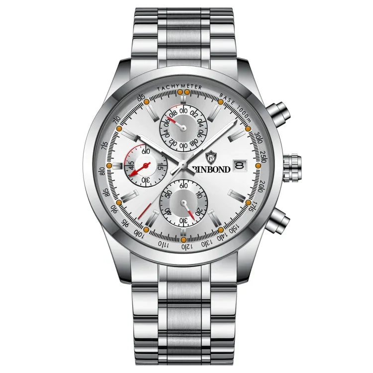 BINBOND B6022 30m Waterproof Luminous Multifunctional Quartz Watch, Leather-White Steel-Blue, Leather-White Steel-White, White Steel-White, Black Steel-Black, Black Steel-Blue