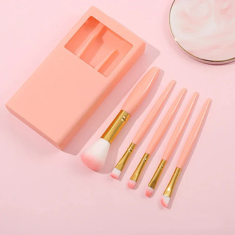 5 In 1 Windowed Mirror Case Portable Mini Multifunctional Makeup Brushes Cosmetic Tool Set, Bean Paste Color, Pink, Blue
