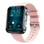 Smart watch with ECG and fitness tracking displaying time and weather, featuring a pink silicone strap.