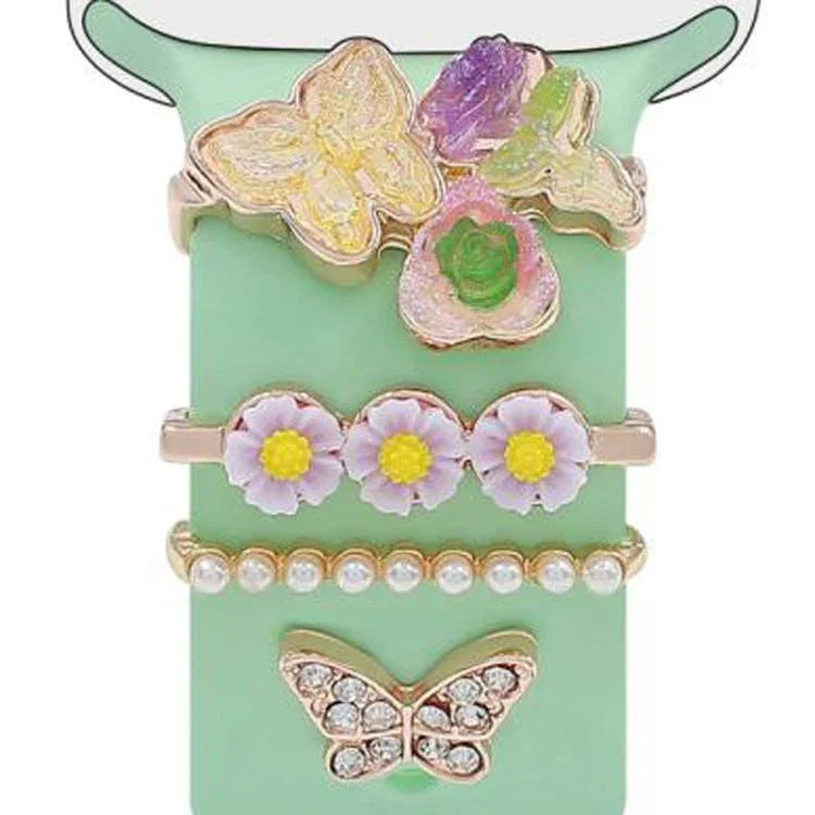 4pcs / Set 22mm Width Smart Watch Butterfly Flower Band Decorative Ring Metal Accessories, 1, 2, 3, 4