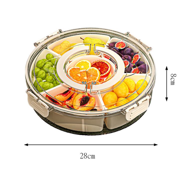 360-Degree Rotating 6-Compartment Snack Tray with Handle & Airtight Lid – Round Portable Food Storage Container for Fruits, Nuts, Candy, 6-Compartment