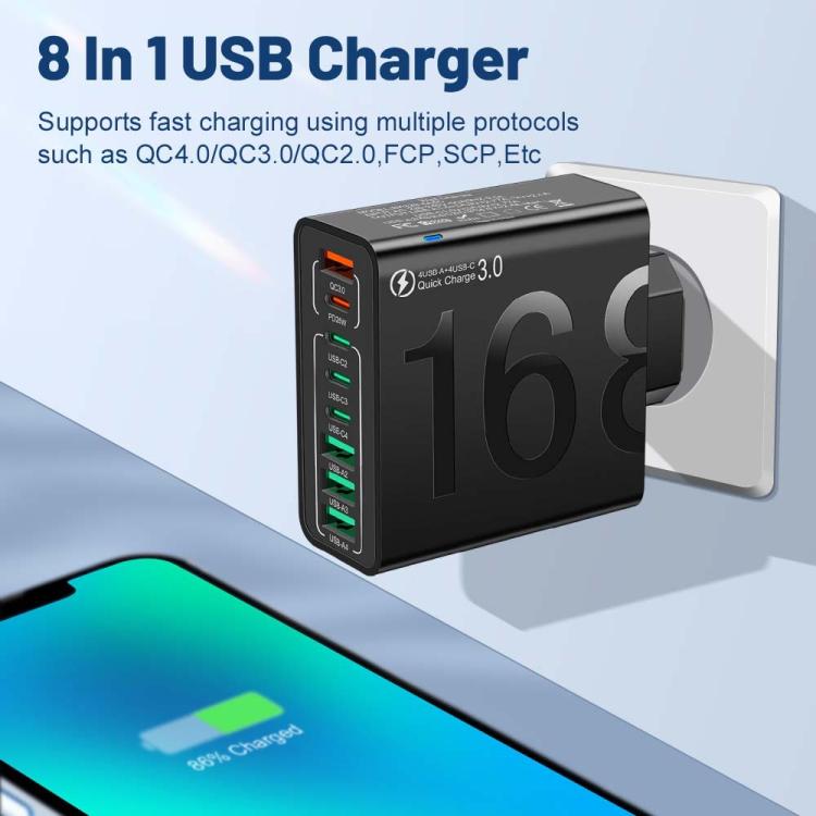 150W 4USB+4Type-C 8 Interface QC3.0 Fast Charging Cell Phone Charger, EU Plug (Black), EU Plug (White), EU Plug (Yellow), US Plug (Black), US Plug (White), US Plug (Yellow), UK Plug (Black), UK Plug (White), UK Plug (Yellow)