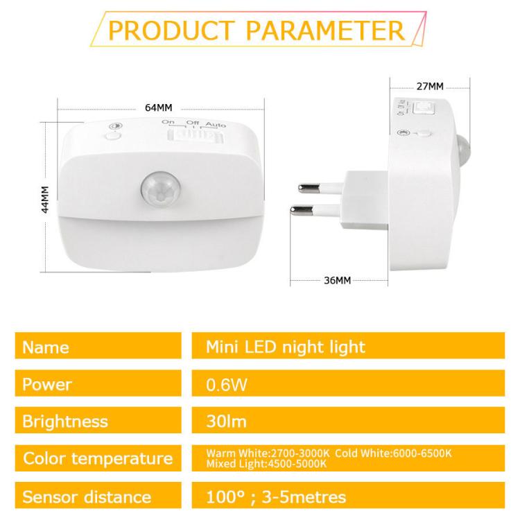 Smart Motion Sensor Night Light 3 Color Temperatures Plug-in Light for Bedroom, Hallway, Stairs, EU Plug, US Plug