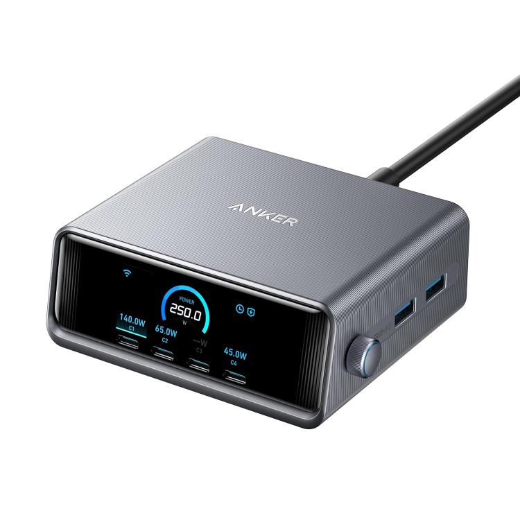 ANKER Prime Gallium Nitride 250W Fast Charger 4 Type-C+2 USB 6-port Desktop Smart Display Charging Station, US Plug, A2345