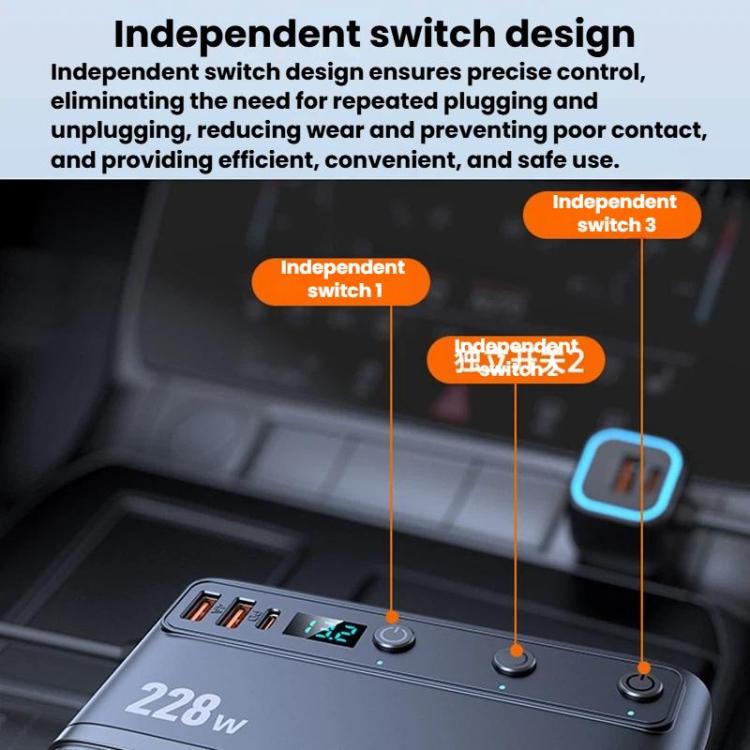 228W Car Cigarette Lighter Retractable Cable 3 In 1 Fast-Charging Car Charger With Independent Switches, C35L