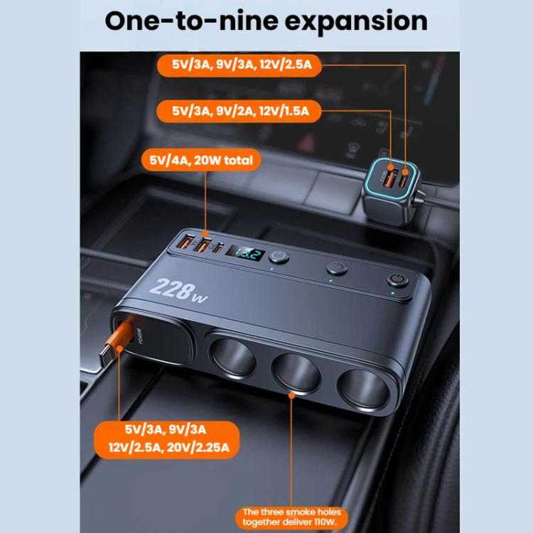 228W Car Cigarette Lighter Retractable Cable 3 In 1 Fast-Charging Car Charger With Independent Switches, C35L