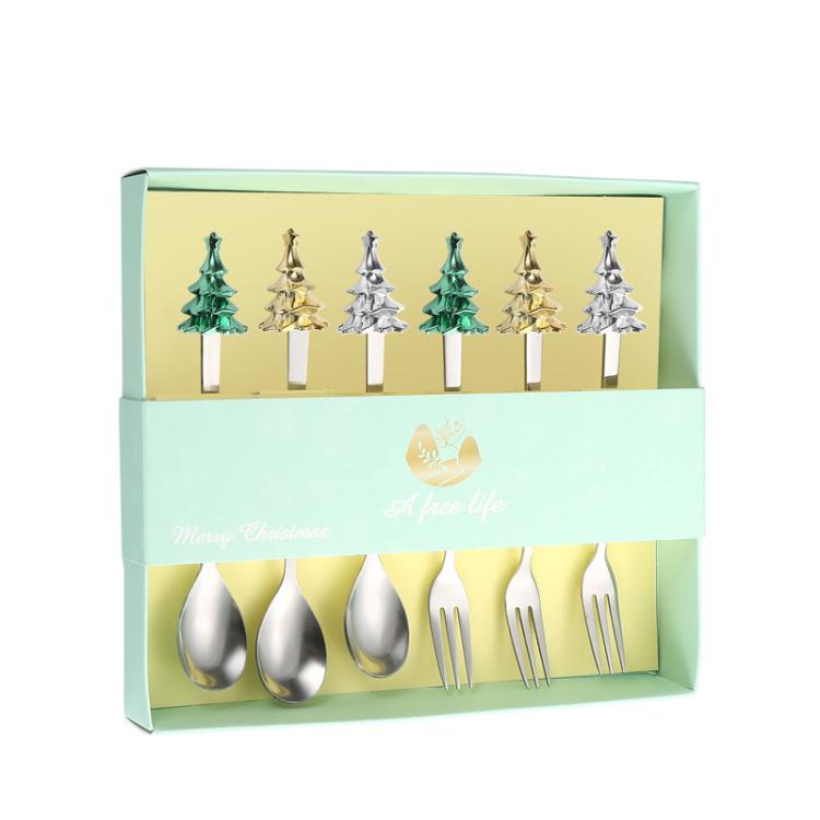 6-Piece Christmas Tree Utensil Set Stainless Steel Coffee Spoons, Dessert Forks with Gift Box