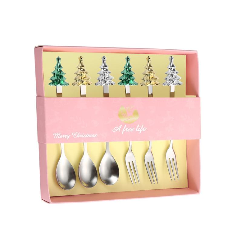 6-Piece Christmas Tree Utensil Set Stainless Steel Coffee Spoons, Dessert Forks with Gift Box