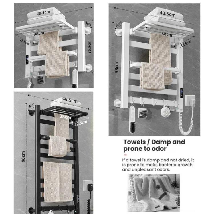 Smart Touchscreen Display Electric Heated Towel Rack Bathroom Drying Rack, Small Black Right Wiring, Small Black Left Wiring