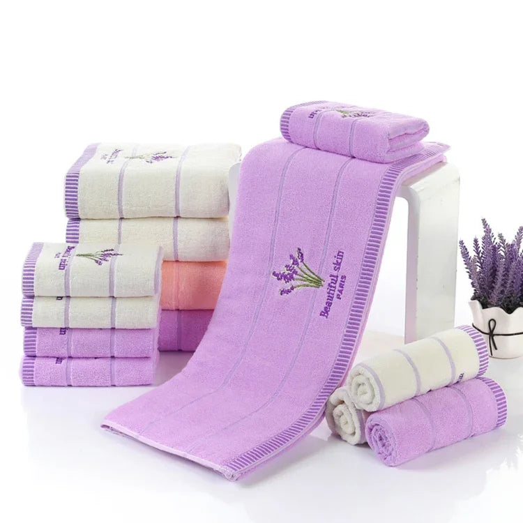 Pure Cotton Thicken Stripe Face Towels Lavender Pattern Absorbent Face Towels